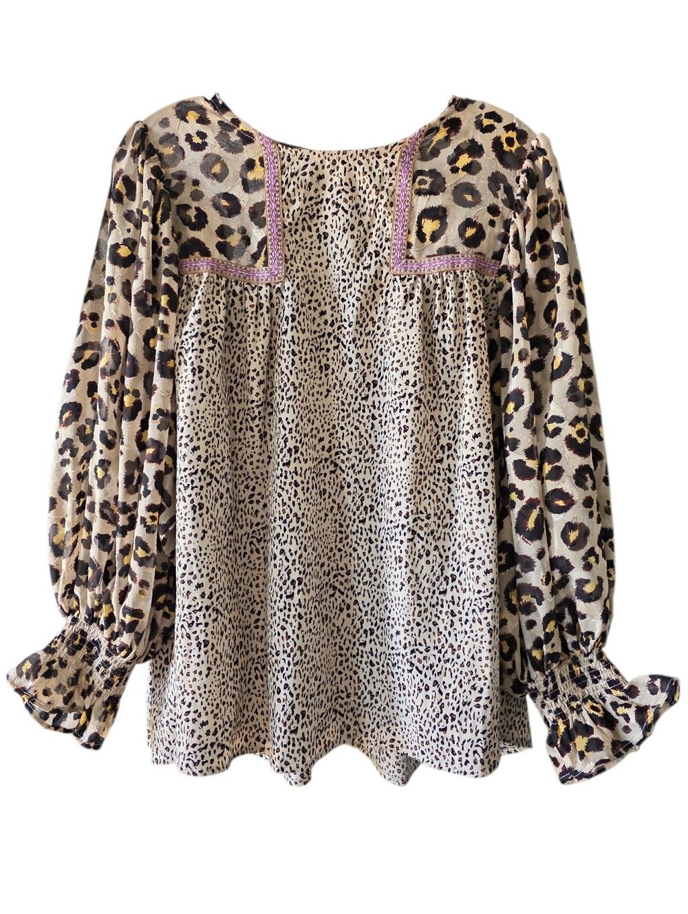 entro Leopard Print Peasant Blouse with Purple Trim Size Small